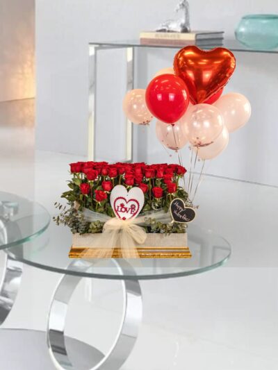 Valentine's roses with balloons UAE