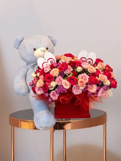 Assorted Roses with teddy