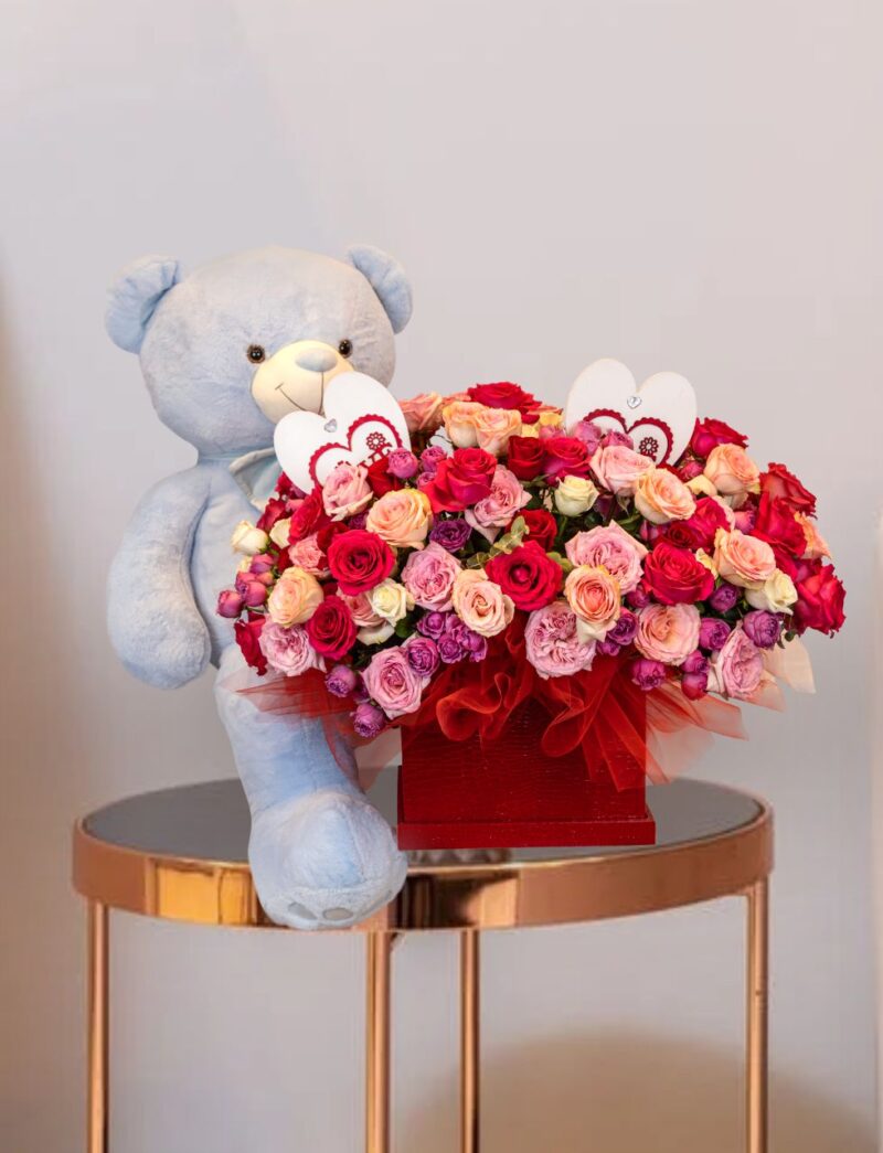 Assorted Roses with teddy