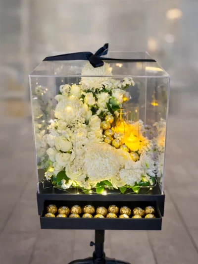 Ramadan white flower glass box with 25 Ferrero Rocher UAE