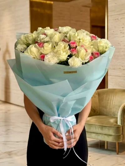 Ivory and pink rose bouquet with ivory peonies